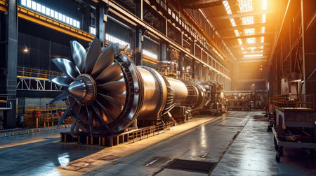 A powerful turbine of a large jet engine sits inside a factory workshop.の素材