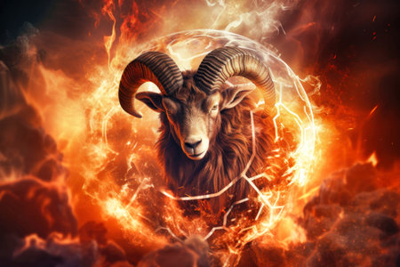 A Capricorn goat with long horns stands in front of a blazing ball of fire. Zodiac sign Capricornの素材