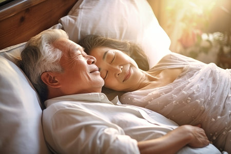 An elderly Asian man and woman are peacefully laying next to each other in bed.の素材