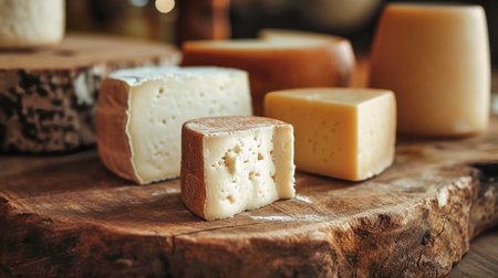 A natural dietary assortment of various types of farm cheese displayed on a wooden board.の素材
