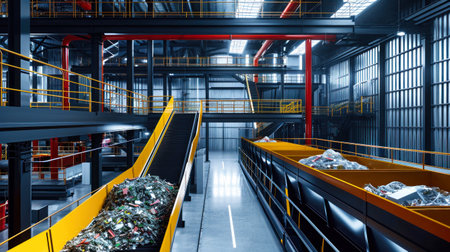 A photo of a massive warehouse bustling with the sorting and recycling of waste, containing numerous metallic items. Selective focus.の素材
