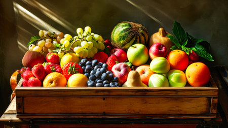 A collection of various types of fruits elegantly arranged on a table at the market.の素材