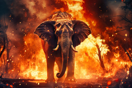 An elephant stands in front of a raging forest fire, showing the impact of the environmental issue on wildlife. Forest fire.の素材