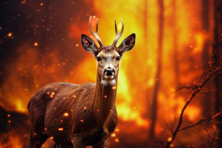 A deer stands in front of a forest engulfed in flames, symbolizing the impact of wildfires on wildlife and the environment. Forest fire.の素材