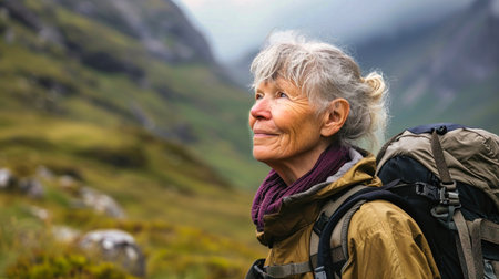 An elderly woman with a backpack looks up into the sky in a village setting. Active lifestyle. Sports and tourism.の素材