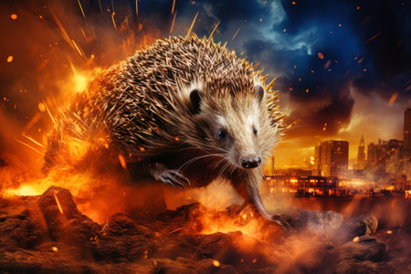 A hedgehog runs through flames with a city backdrop. Forest fire.の素材
