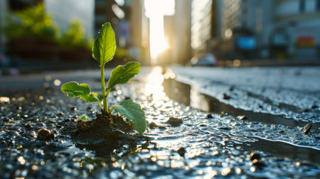 A small green plant sprouting from the asphalt in the city center, symbolizing nature conservation and ecology.の素材
