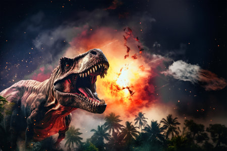 Tyrannosaurus T-rex ,dinosaur on smoke and fire background. Global catastrophe. A dinosaur escapes from the flamesの素材