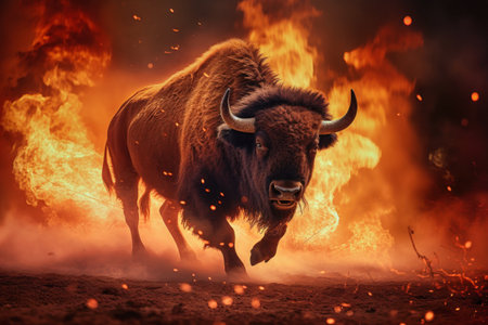 A bison galloping through a blazing field, fleeing from a forest fire. The scene captures the urgent movement of the animal amidst the fiery backdrop.の素材