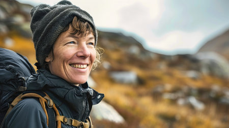 A woman with a backpack smiles at the camera in a mountainous setting. Active lifestyle. Sports and tourism.の素材