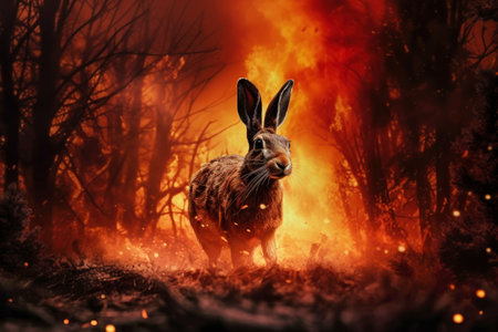 A rabbit stands alert in the midst of a forest, fleeing from an approaching wildfire. Forest fire.の素材