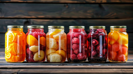 Jars filled with different types of fruit neatly lined up in a row.の素材