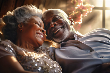 An elderly dark-skinned man and woman lay side by side in bed, expressing love and closeness.の素材