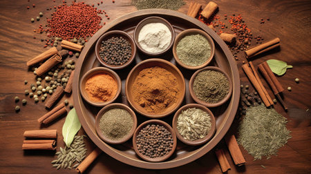 A collection of different types of spices and herbs arranged beautifully on a wooden table.の素材