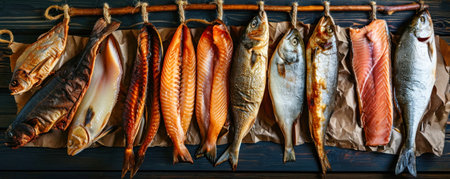 A wide variety of smoked fish are carefully arranged and hung on a line, ready for sale or consumption.の素材