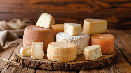 A pile of cheese in different varieties arranged on top of a rustic wooden table.の素材