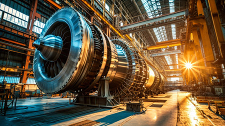 A powerful jet engine is seen inside a factory workshop, showcasing the manufacturing process.の素材
