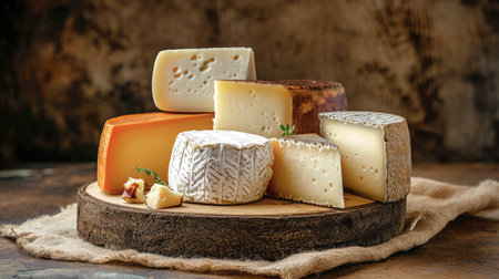 A variety of farm cheese arranged in a heap on a rustic wooden cutting board.の素材
