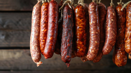 A photo showing five distinct varieties of sausage, suspended from strings in a farm cellar.の素材