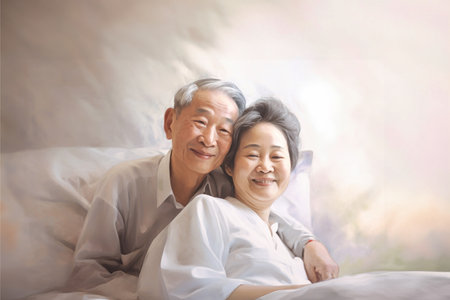 An elderly Asian man and woman are peacefully resting together on a bed.の素材