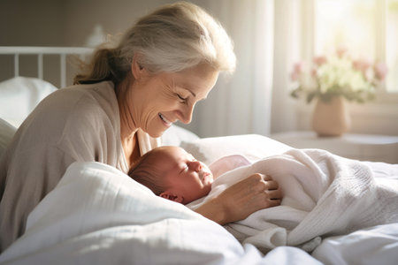 An elderly woman sitting in bed, cradling a baby in her arms tenderly.の素材