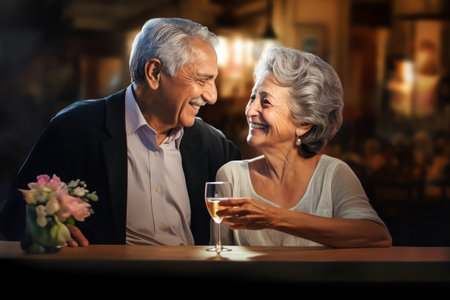 An engaging painting capturing an elderly man and woman holding a glass of wine, deep in conversation at a bar or restaurant.の素材