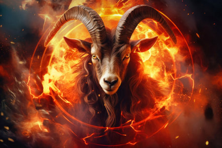 A Capricorn goat with long horns stands in front of a fire ball, showing a powerful and dynamic image. Zodiac sign Capricornの素材