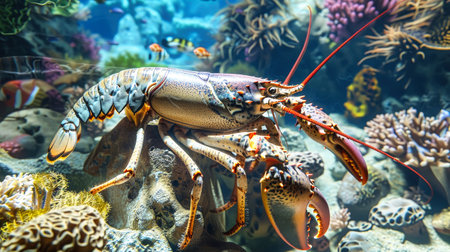 A large lobster is closely observed as it rests on a vibrant coral reef.の素材