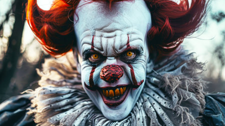 A menacing clown with vivid red hair stars into the camera with an intense expression, evoking a sense of fear and unease.の素材
