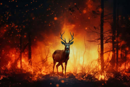 A deer stands in front of a raging fire in the woods, highlighting the danger of forest fires for wildlife. Forest fire.の素材