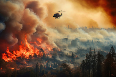 A helicopter hovers above a forest ablaze, releasing water to extinguish the fire below. Forest fire.の素材