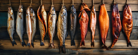 Different types of smoked fish are neatly lined up, showing their unique characteristics and flavors.の素材
