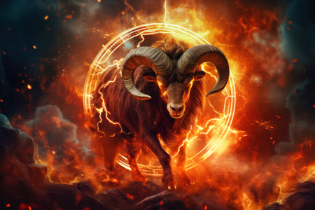 A ram, symbolizing the zodiac sign Aries, stands confidently in front of a circle of fire.の素材