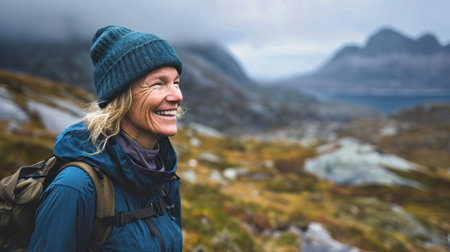 A woman with a backpack smiles in a vast field, enjoying her journey through the mountains. Active lifestyle. Sports and tourism.の素材