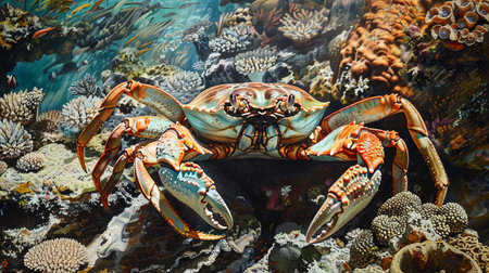 A vibrant painting showcasing a sea crab amidst a colorful coral reef, capturing the beauty of marine life.の素材