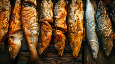 A variety of smoked fish, including salmon, trout, and herring, sit neatly arranged on top of a sturdy wooden table.の素材