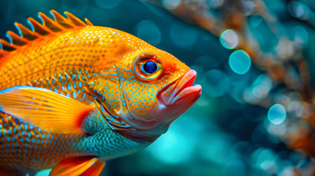 A tropical fish gracefully swims in the sea, surrounded by colorful coral reef.の素材