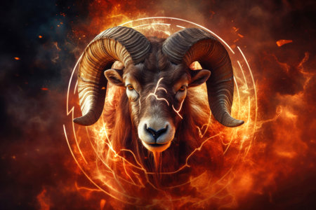 A ram, symbolizing the zodiac sign Aries, stands confidently in front of a circle of fire.の素材