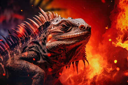 A large iguana standing on a vibrant green field, possibly escaping from a forest fire, highlighting the environmental impact. Forest fire.の素材