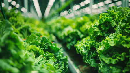 Multiple rows of lettuce plants are thriving in a modern greenhouse using hydroponic systems for optimal growth. Selective focus.の素材