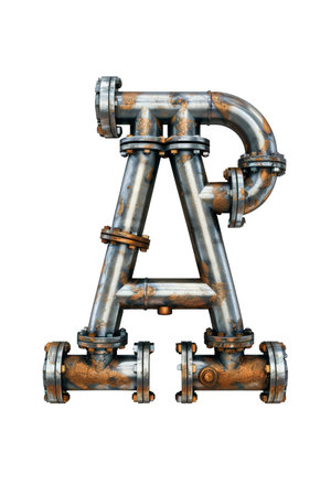 A capital letter A formed entirely from interconnected water pipes, displayed against a plain white background. Isolated letter A.の写真素材