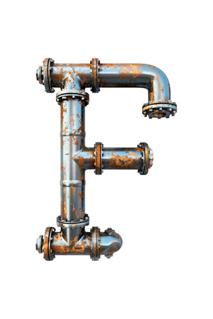 A metal pipe connects to another pipe, forming the shape of the letter F. Isolated letter F.の写真素材