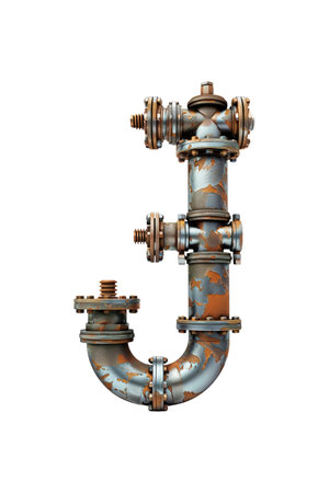 A metal pipe is connected to another pipe, forming the shape of the letter J. Isolated letter J.の写真素材