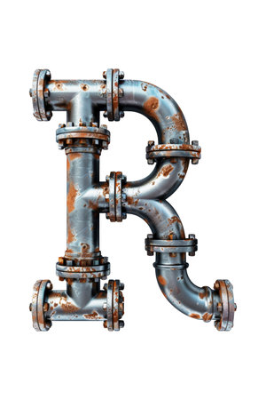 The letter R constructed using interconnected metal pipes, creating a bold and industrial aesthetic. Isolated letter R.の写真素材