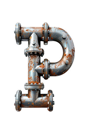 A metal pipe connects to another pipe, forming the shape of the letter P. Isolated letter P.の写真素材