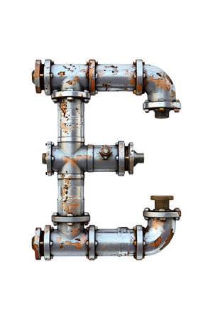 The letter E is creatively assembled using interconnected metal pipes in a close-up view. Isolated letter E.の写真素材