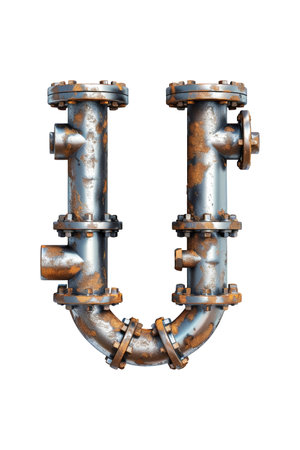 Two metal pipes connected together to create the shape of the letter U. Isolated letter U.の写真素材