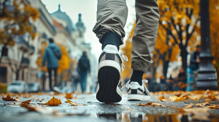 A man walking down a city sidewalk covered with fallen leaves.の素材