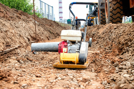A yellow and black machine is actively working in dirt and soil, displaying signs of heavy use and functionality.の写真素材