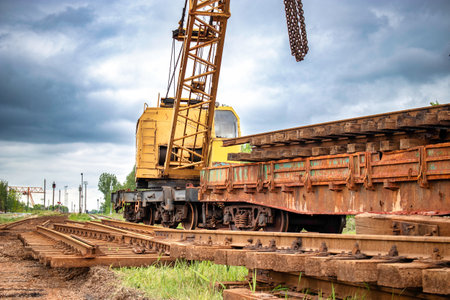 A yellow crane is positioned atop a train track, ready for maintenance or construction work.の写真素材